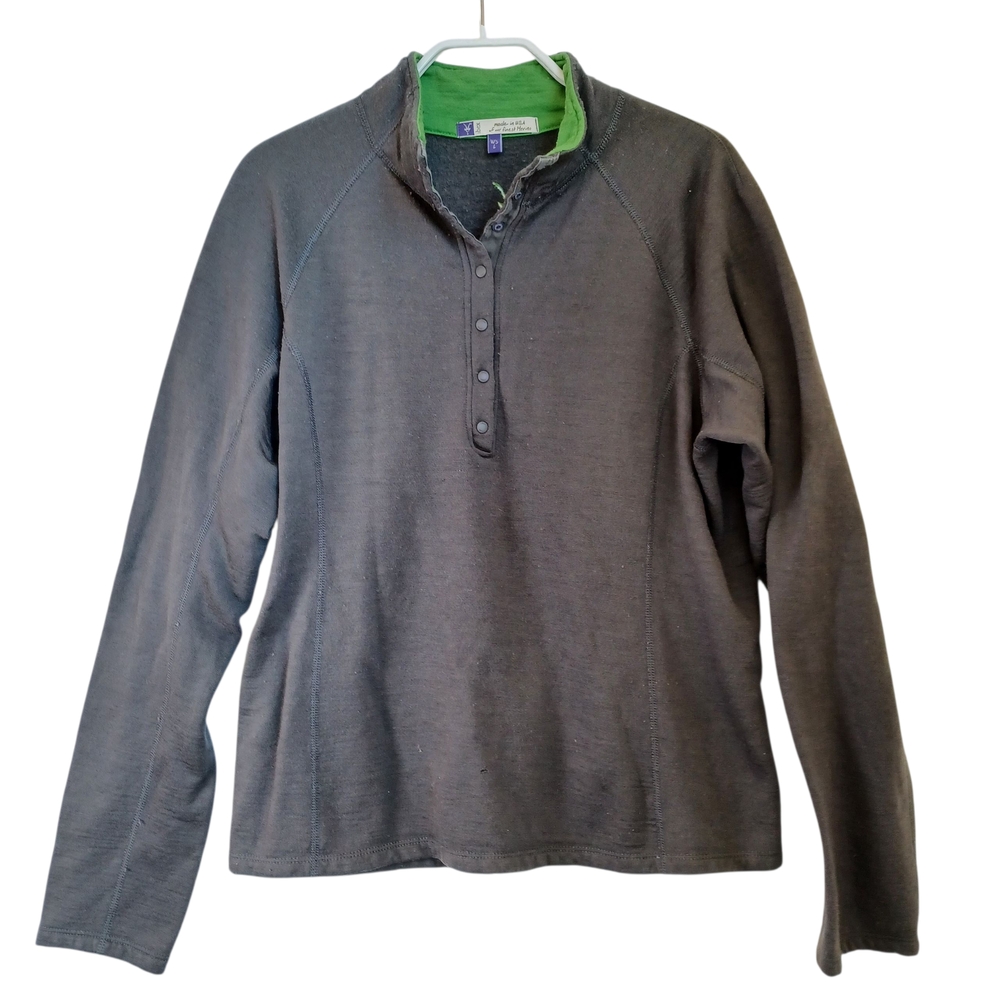 Ibex Pullover Charcoal Gray Wool Sweatshirt with Green Logo Womens‎ Large
